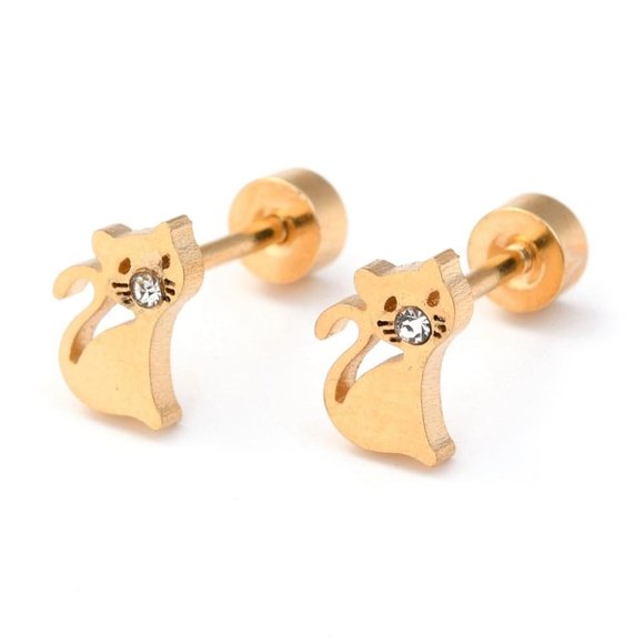 Teeny Tiny little cat kitten Stud earring screw back & CZ accent Mix&Match 2/$10 - Picture 1 of 4